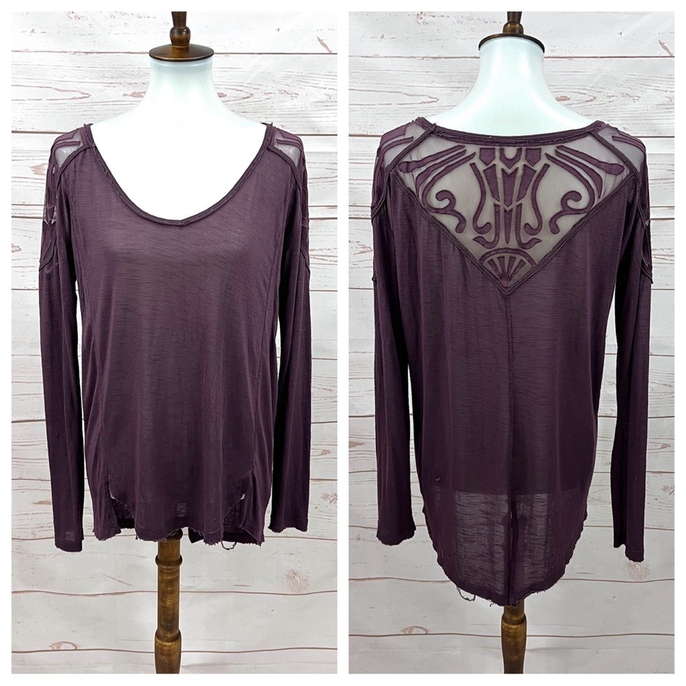 Free People The Gatsby Embroidered Mesh Wine Long Sleeve V-Neck Tee Tunic Top